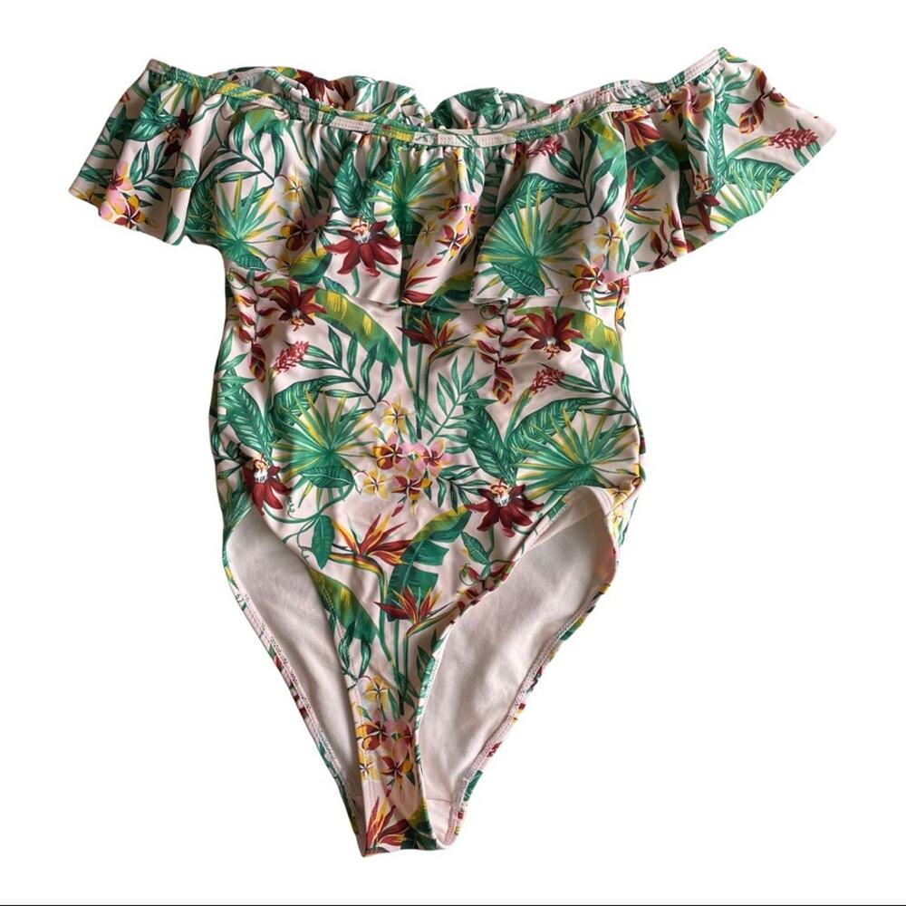 Cabana del Sol Off the Shoulder Palm Floral Print One Piece Swimsuit Size Small